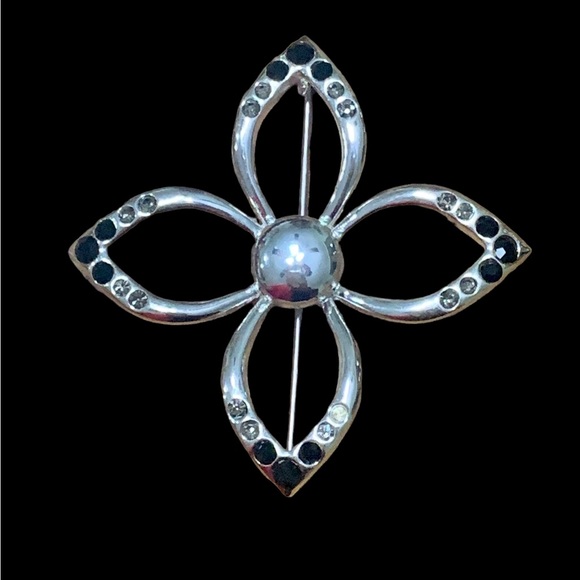 Vintage Silver Tone FLOWER Brooch Pin With Black $ Clear Rhinestones - Picture 4 of 6
